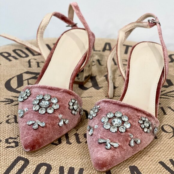 Forever 21 Pink Velvet Pointed Faux Gem Rhinestone Studded Ankle strap Sandals - Picture 3 of 10